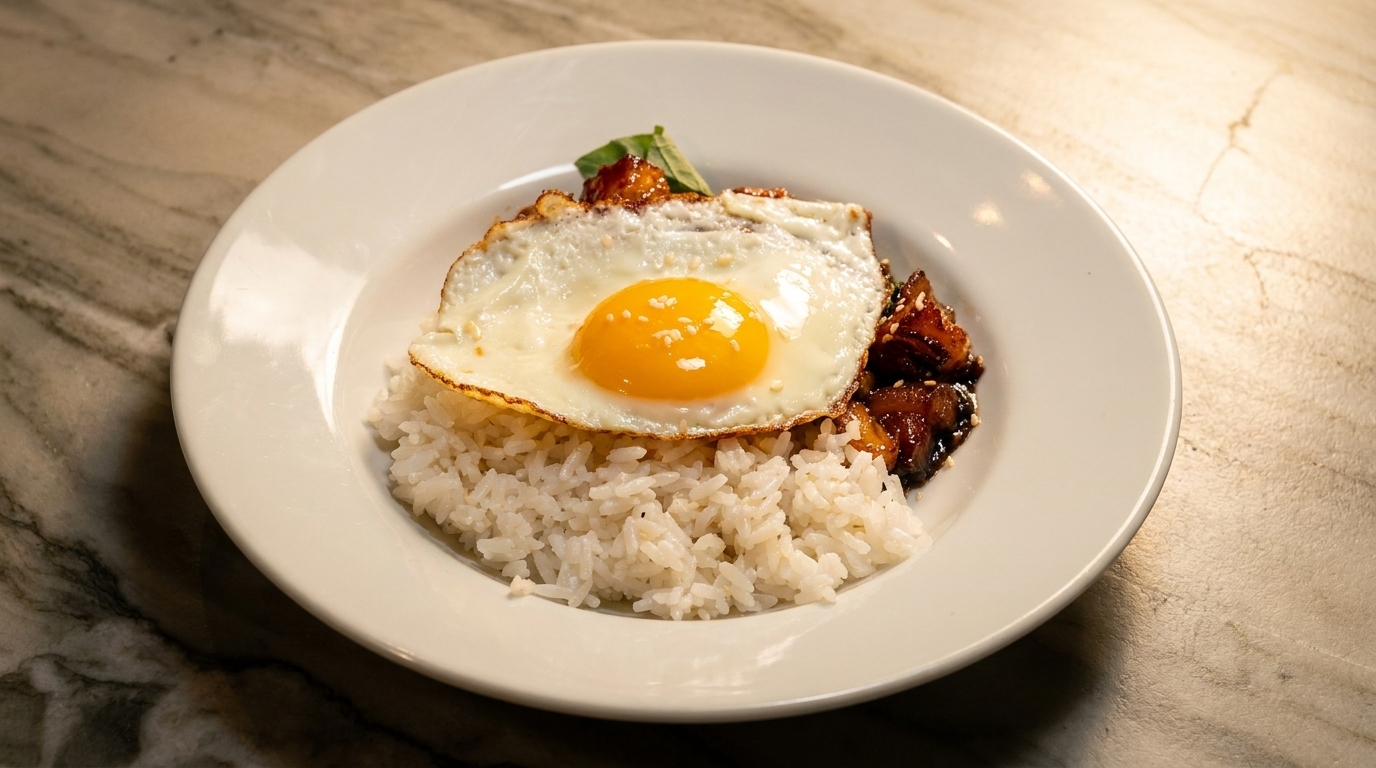 Pork belly bowl with fried egg over rice