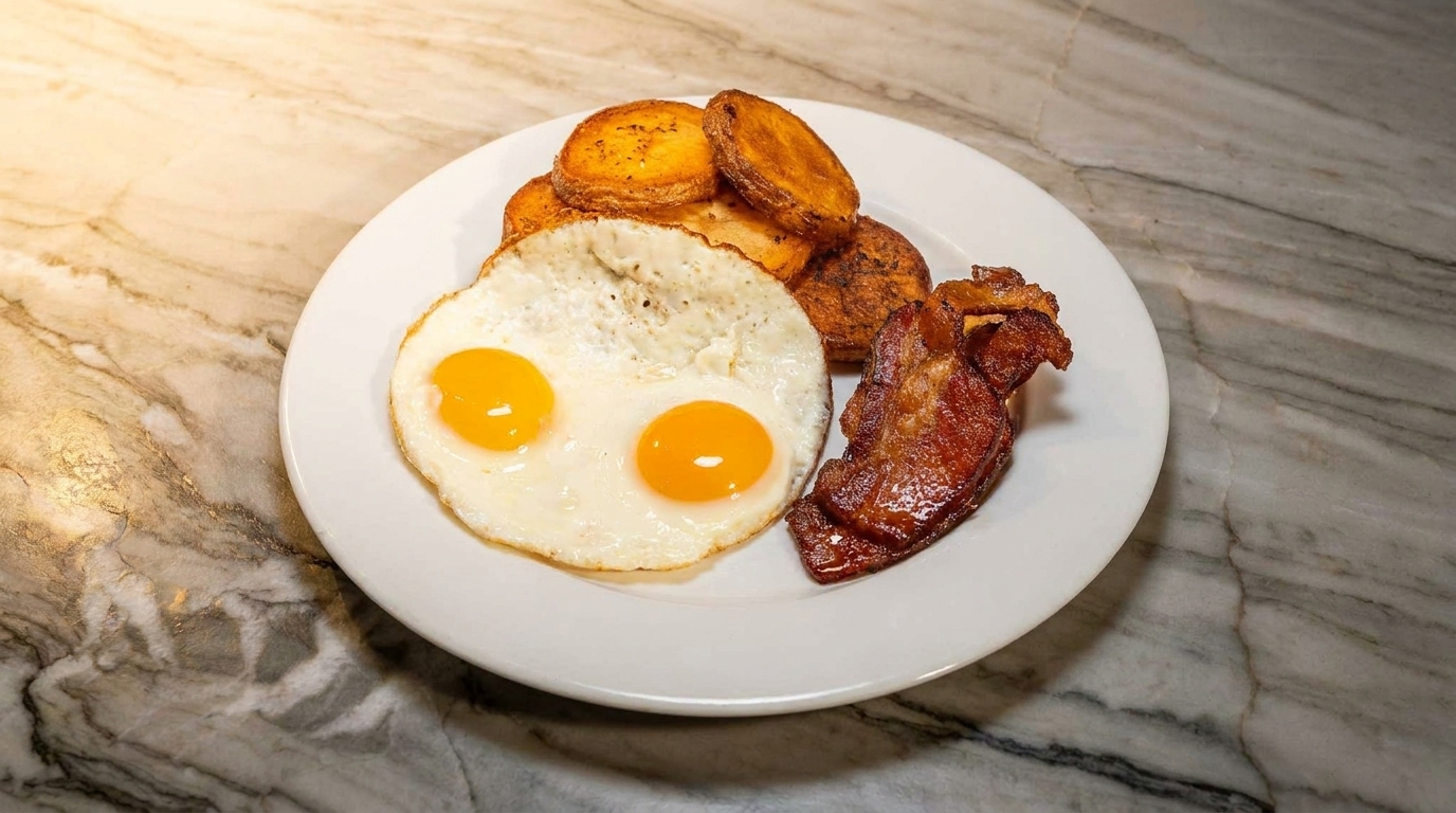 Two eggs with bacon and breakfast potatoes